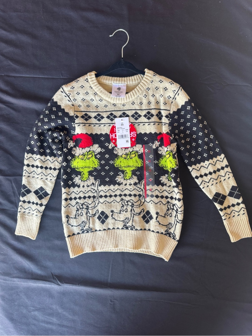 NWT Dr. Seuss The Grinch Girls Fair Isle Holiday Christmas Sweater Cream XS 4/5